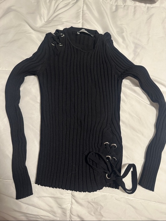 Zara Sweaters - Zara Black Ribbed Lace-Up Sweater Top